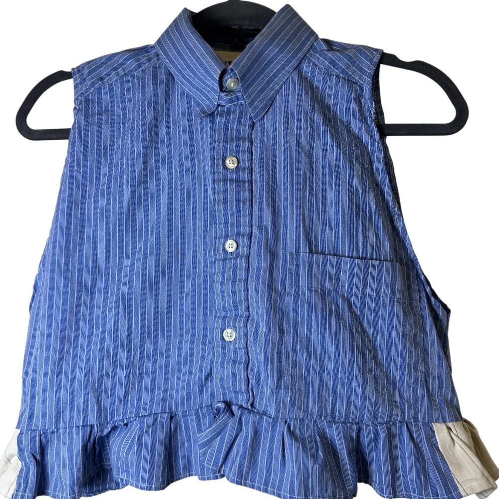Reworked Tommy Hilfiger Upcycled Blue Striped Crop Top Ruffle Hem M